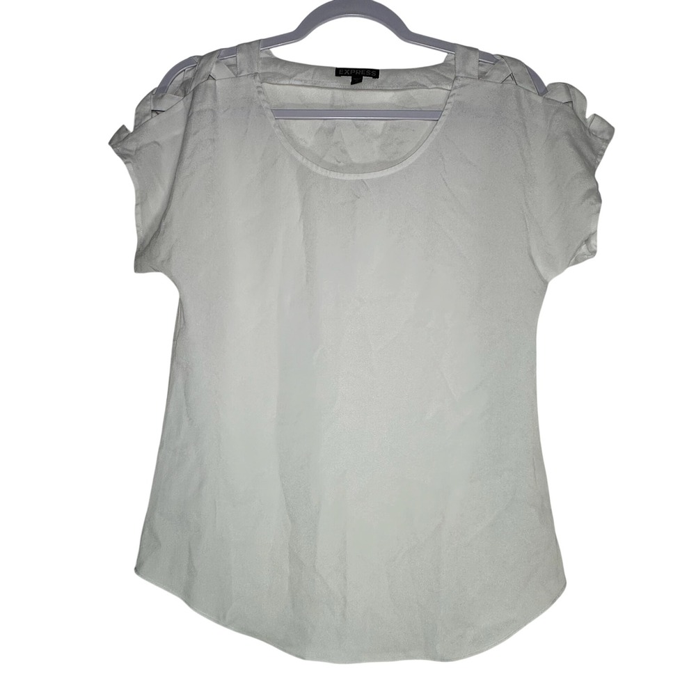 Express White Strappy Shoulder Blouse Short Sleeve‎ Scoop Neck Top XS 8639